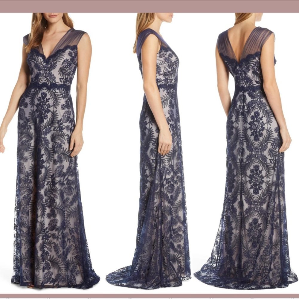NEW $508 Tadashi Shoji [‎ 4 ] Gibson Corded Lace Embroidered Gown in Navy #Q253